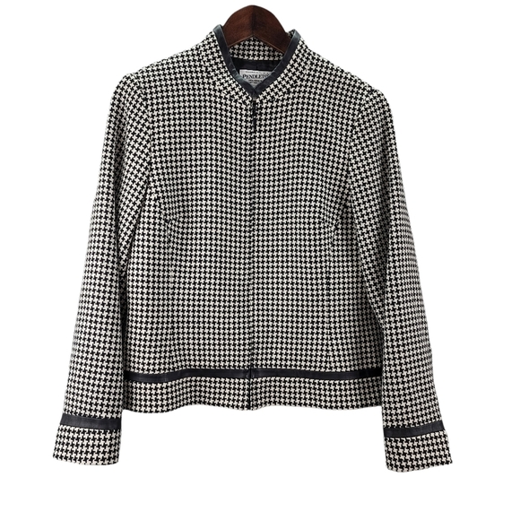 Pendleton Black & White Houndstooth 100% Wool Lamb Leather Trim Zip Up B…